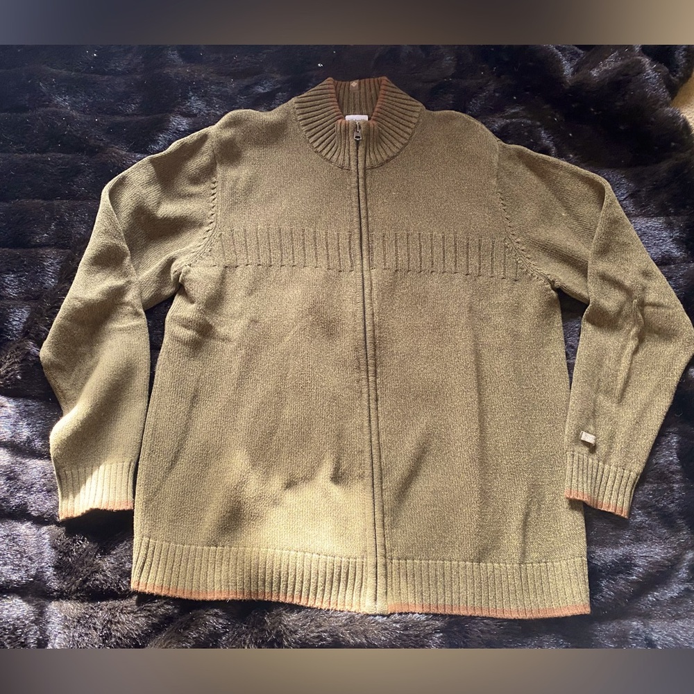 EUC Columbia Olive/Brown full zip mock turtleneck cardigan sweater-cotton